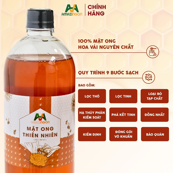 Mật ong hoa vải nguyên chất AMAZINGON quy trình 9 bước sạch chuyên dụng cho quán pha chế