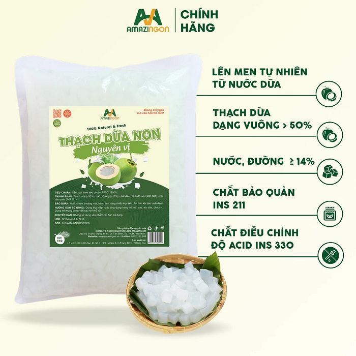Thạch dừa non nguyên vị AMAZINGON gói 1kg lên men tự nhiên nguyên liệu pha chế giá sỉ