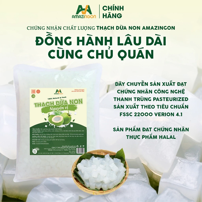 Thạch dừa non nguyên vị AMAZINGON gói 1kg đạt chuẩn FSSC 22000 và chứng nhận Halal