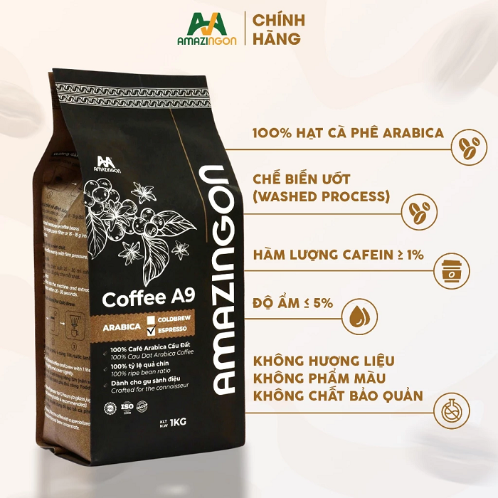 Hạt cà phê Arabica Cầu Đất Coffee A9 chế biến ướt washed process nguyên liệu giá sỉ AMAZINGON