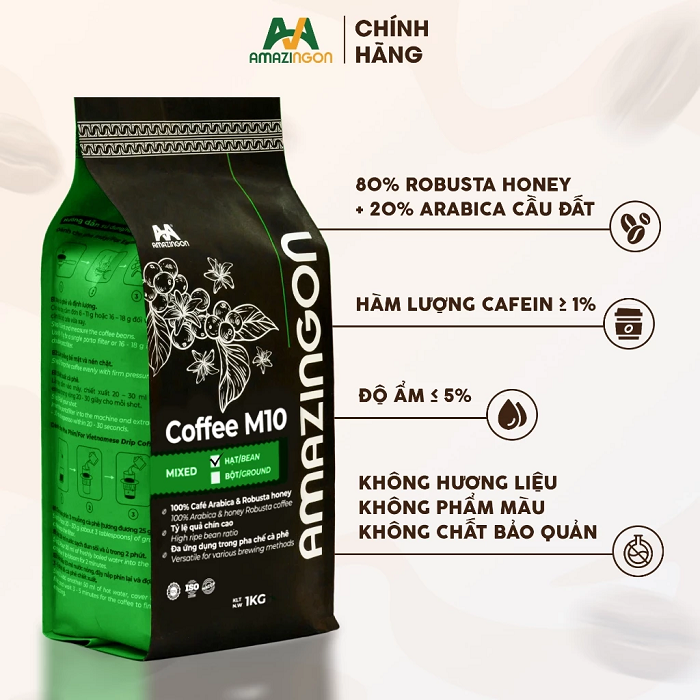 Sản phẩm cà phê Coffee M10 AMAZINGON 1kg - Cà phê sạch không hương liệu, tiêu chuẩn cao cấp