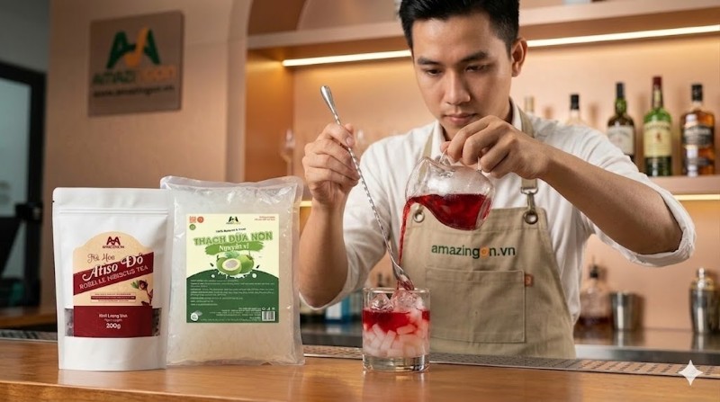 Bước 2: Hoàn thiện ly nước với thạch dừa non và trà hoa Atiso đỏ
