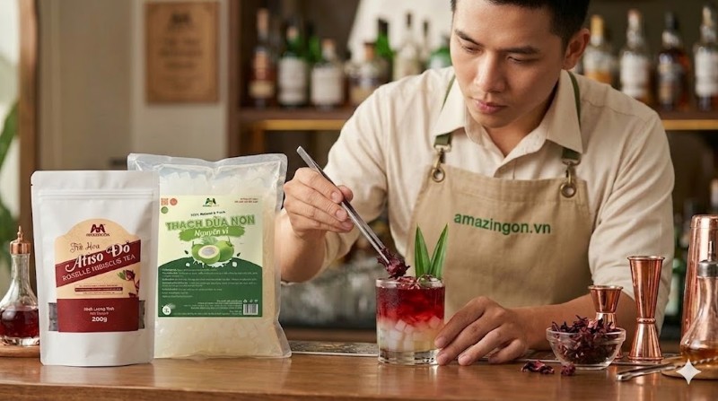 Bước 3: Trang trí ly với cánh hoa Hibiscus khô và lá dứa tươi