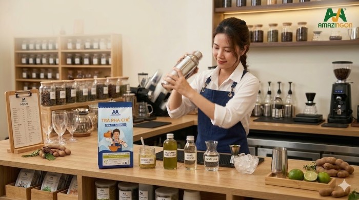 Bước 1: Lắc nền trà tạo vị chua – ngọt cân bằng và làm lạnh nhanh phần trà