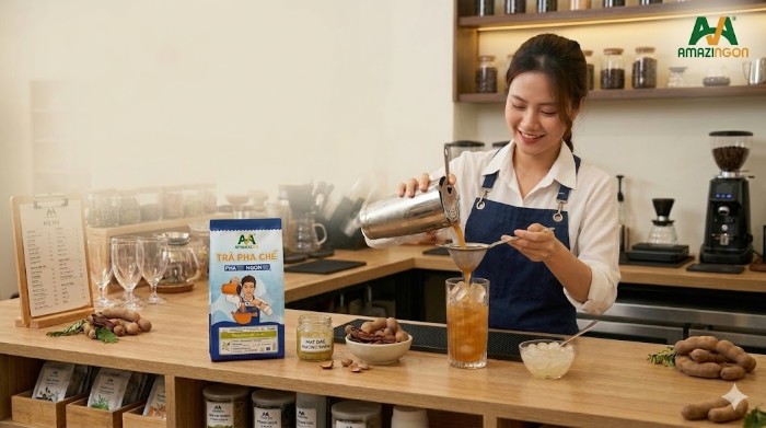 Bước 2: Rót hỗn hợp trà vừa lắc vào ly qua rây lọc và hoàn thiện với hạt đác 