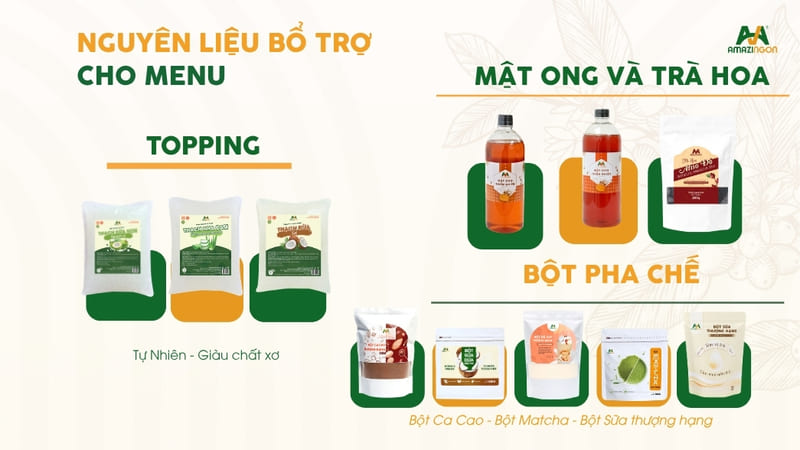 Nhóm nguyên liệu bổ trợ AMAZINGON cung cấp cho các quán tại Quận 12