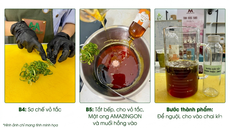 Các bước sơ chế vỏ tắc và phối trộn mật ong thiên nhiên AMAZINGON làm sốt trà tắc
