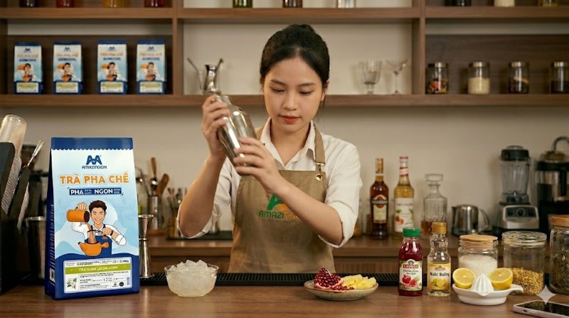 Bước 1: Lắc nền trà giúp các nguyên liệu hòa quyện đồng đều và làm lạnh trà