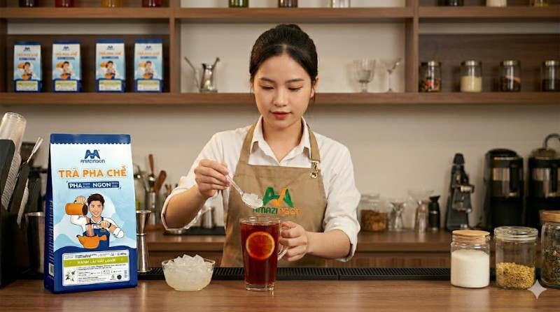 Bước 2: Rót trà ra ly và tạo hiệu ứng topping với thạch nha đam