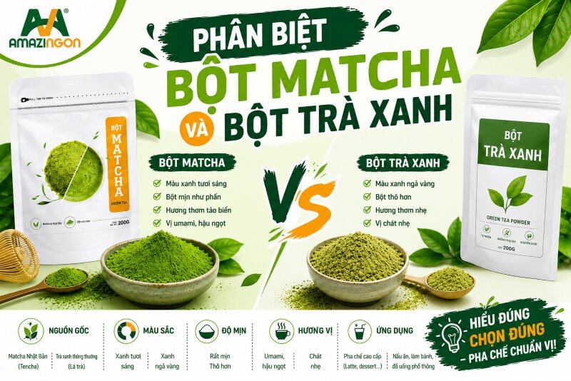 bột matcha và bột trà xanh