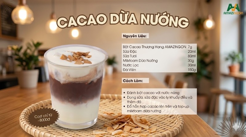 Thực hiện pha chế công thức cacao dừa nướng đơn giản chỉ với 3 bước