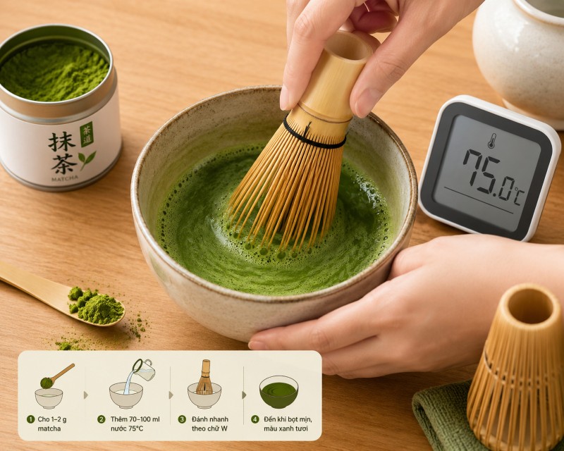 Pha matcha đúng nhiệt độ nước 75 độ C giữ hương vị và caffeine ổn định Pha matcha đúng nhiệt độ nước 75 độ C giữ hương vị và caffeine ổn định