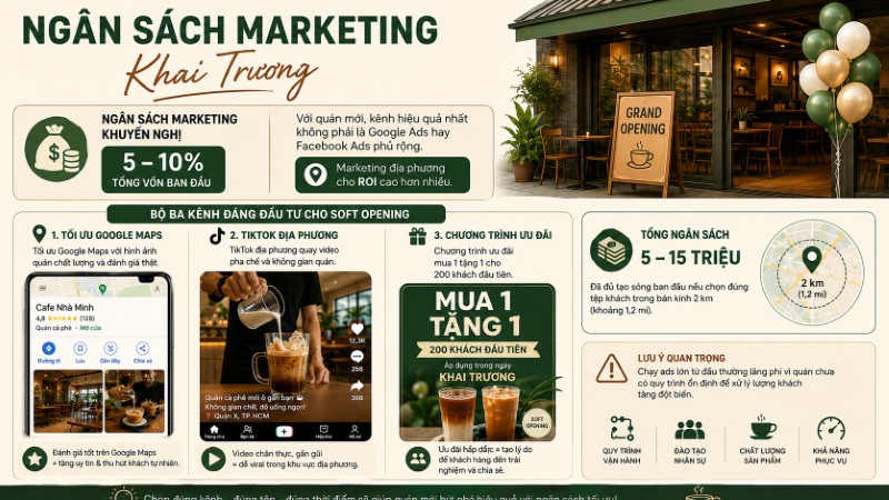 Ngân sách marketing khai trương thường chiếm 5–10 % tổng vốn ban đầu