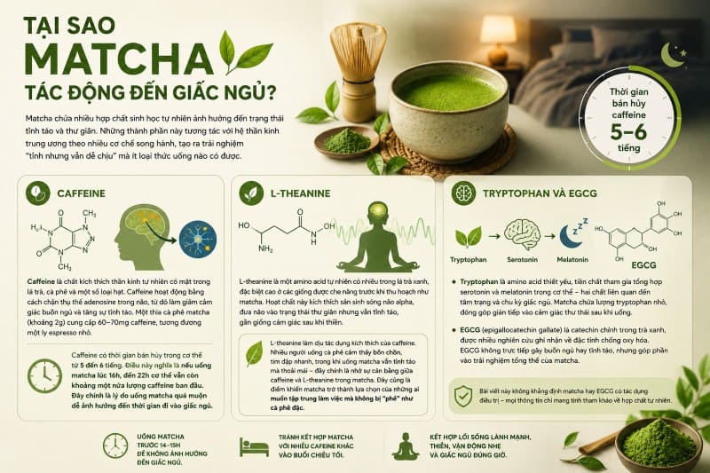 Matcha chứa nhiều hợp chất sinh học tự nhiên ảnh hưởng đến trạng thái tỉnh táo