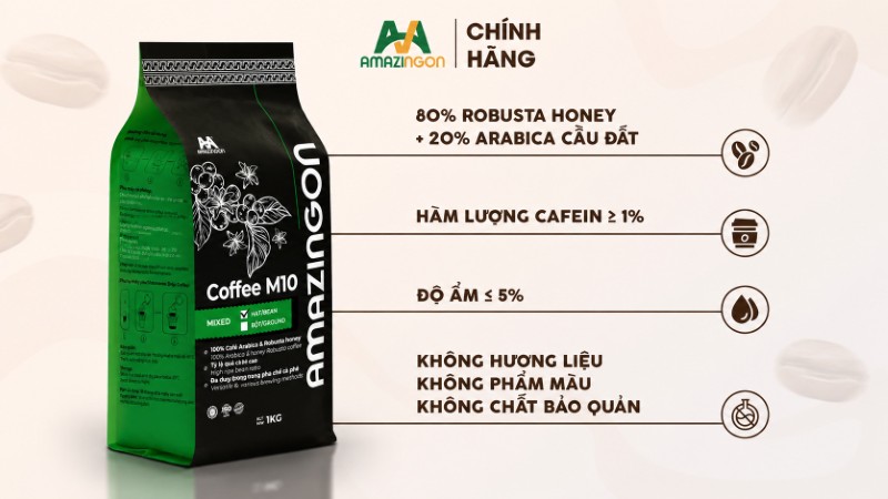 Coffee M10 sự kết hợp hoàn hảo giữa hạt Arabica Cầu Đất và Robusta Honey từ AMAZINGON