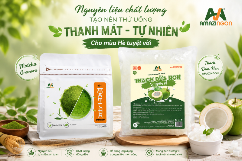 Matcha Greenora và thạch dừa non nguyên liệu chất lượng từ AMAZINGON