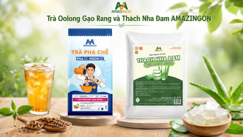 Trà Oolong Gạo Rang kết hợp Thạch Nha Đam AMAZINGON