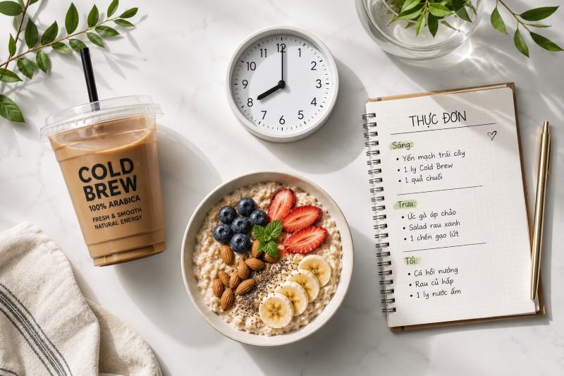 Cách uống cà phê ủ lạnh giảm cân kết hợp bữa sáng healthy với yến mạch và trái cây Cách uống cà phê ủ lạnh giảm cân kết hợp bữa sáng healthy với yến mạch và trái cây