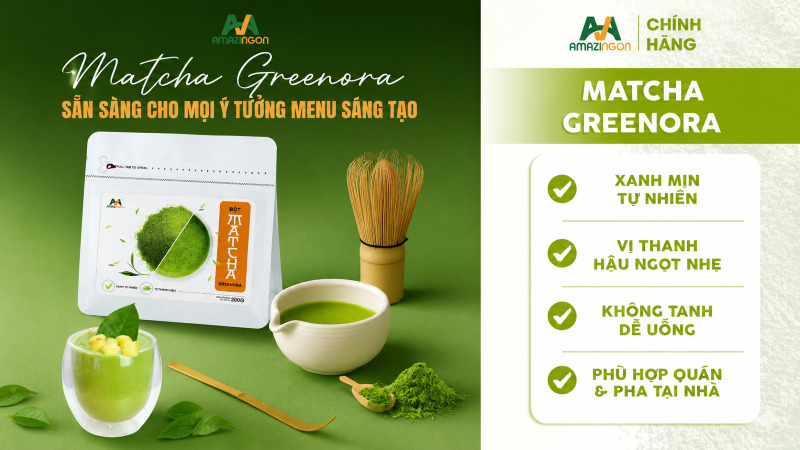 Matcha Greenora AMAZINGON là dòng matcha chuyên dụng được nhiều mô hình F&B lựa chọn 