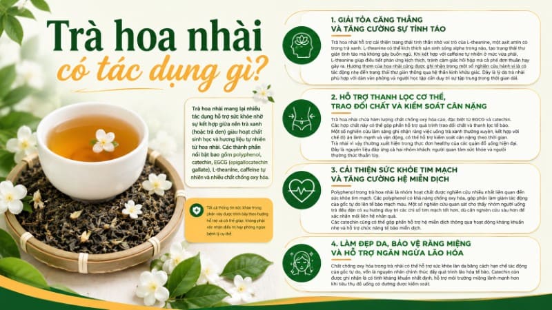 Trà hoa nhài có tác dụng gì? 4 tác dụng hỗ trợ sức khỏe từ trà hoa nhài Trà hoa nhài có tác dụng gì? 4 tác dụng hỗ trợ sức khỏe từ trà hoa nhài