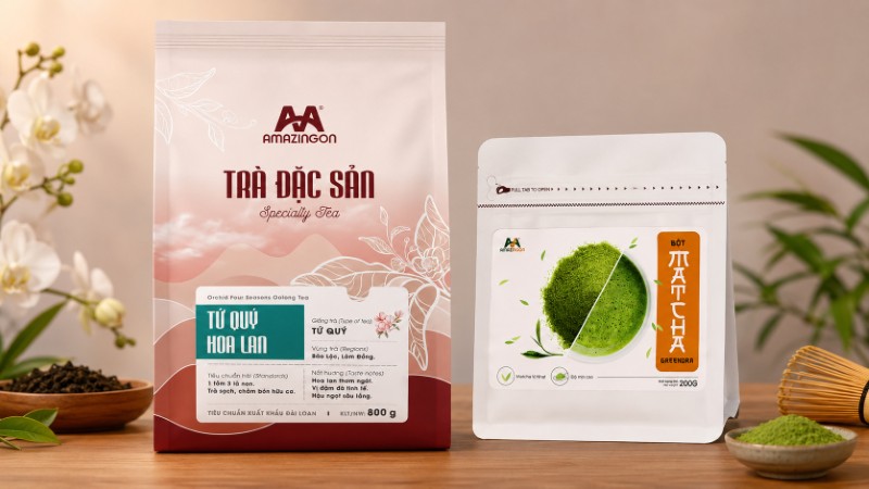 Trà Tứ Quý Hoa Lan và Matcha Greenora của AMAZINGON 