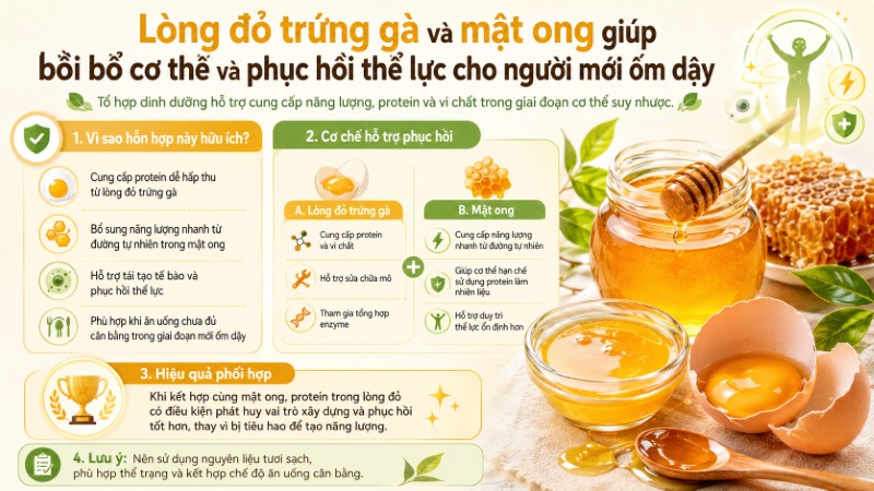 Lòng đỏ trứng gà và mật ong giúp bồi bổ cơ thể và phục hồi thể lực