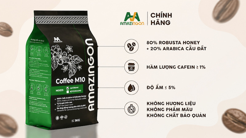 Coffee Mixed M10 sản phẩm kết hợp hoàn hảo giữa hạt Arabica Cầu Đất và Robusta Honey