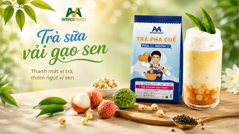 Trà sữa vải ngạo sen từ thức uống thanh mát từ trà Oolong gạo rang AMAZINGON Trà sữa vải ngạo sen từ thức uống thanh mát từ trà Oolong gạo rang AMAZINGON