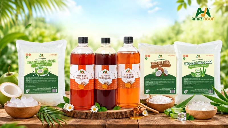 Các loại nguyên liệu topping và mật ong AMAZINGON