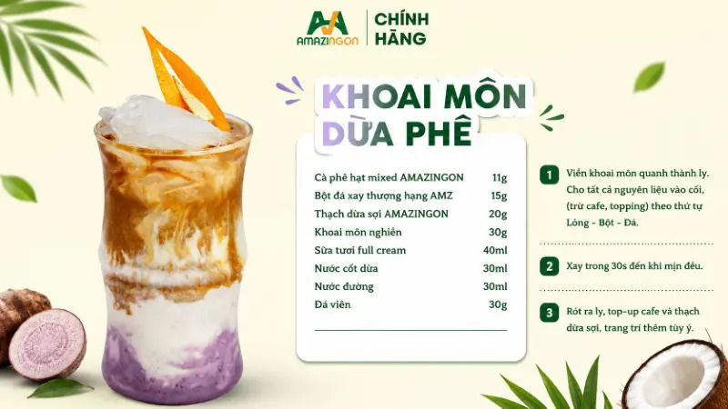 Khoai môn dừa phê pha chế từ cà phê hạt mix và bột đá xay AMAZINGON