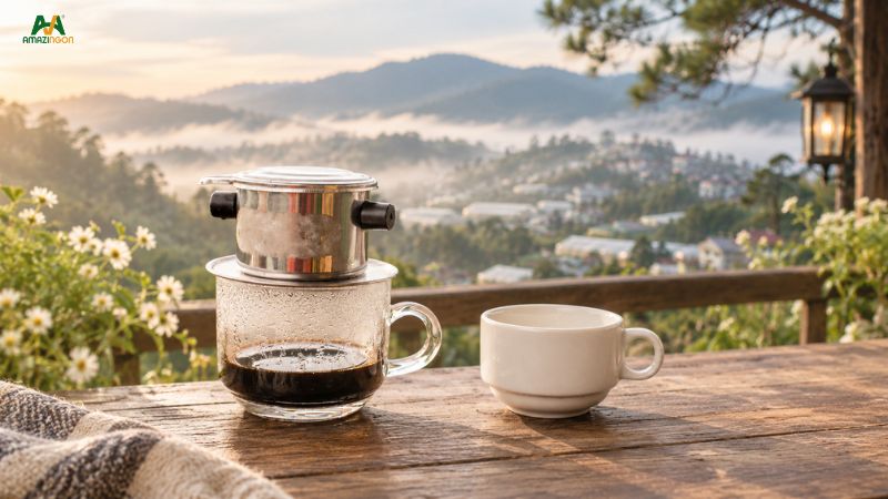 Thức uống nóng mang phong cách Đà Lạt với cà phê và khung cảnh cao nguyên se lạnh