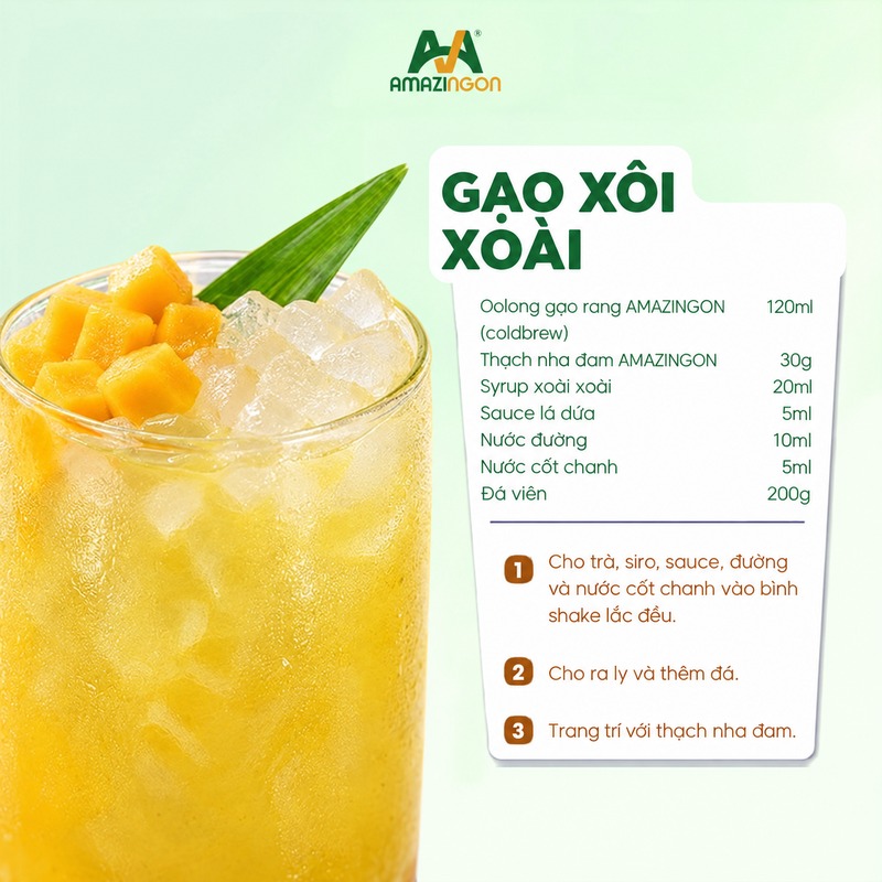 Công thức trà gạo xôi xoài với Oolong gạo rang và thạch nha đam AMAZINGON