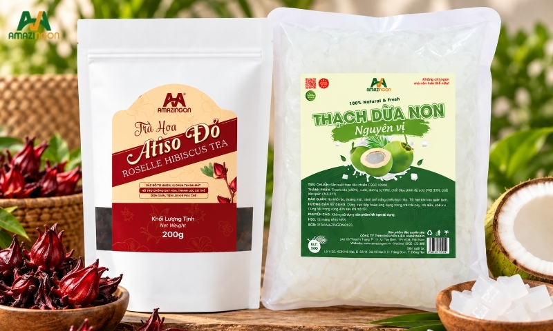 Bộ đôi trà hoa Atiso đỏ và thạch dừa non AMAZINGON