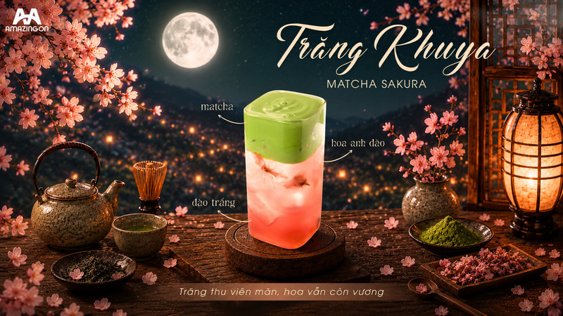 Trăng Khuya Matcha Sakura hai tầng xanh hồng hiện đại