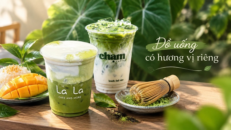 Ly đồ uống trà matcha và trà sữa hương vị đặc trưng tại quán cà phê Cam Ranh