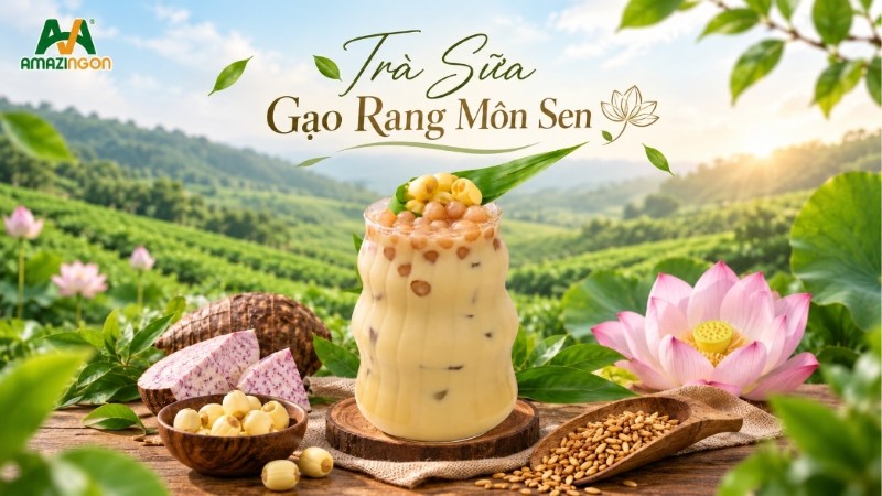 Trà sữa gạo rang môn sen thức uống không thể bỏ qua từ bst trà gạo rang AMAZINGON